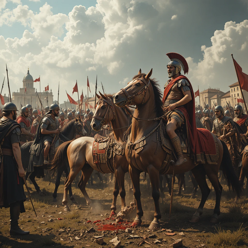 Roman army in brutal battle trampling bleeding horses and soldiers