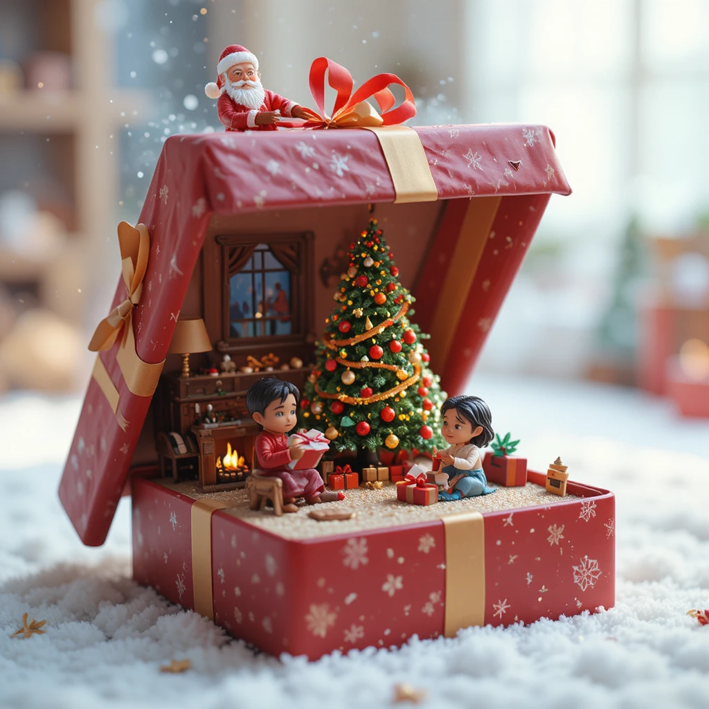 Diorama de cadeau de Noël miniature avec des enfants près du sapin