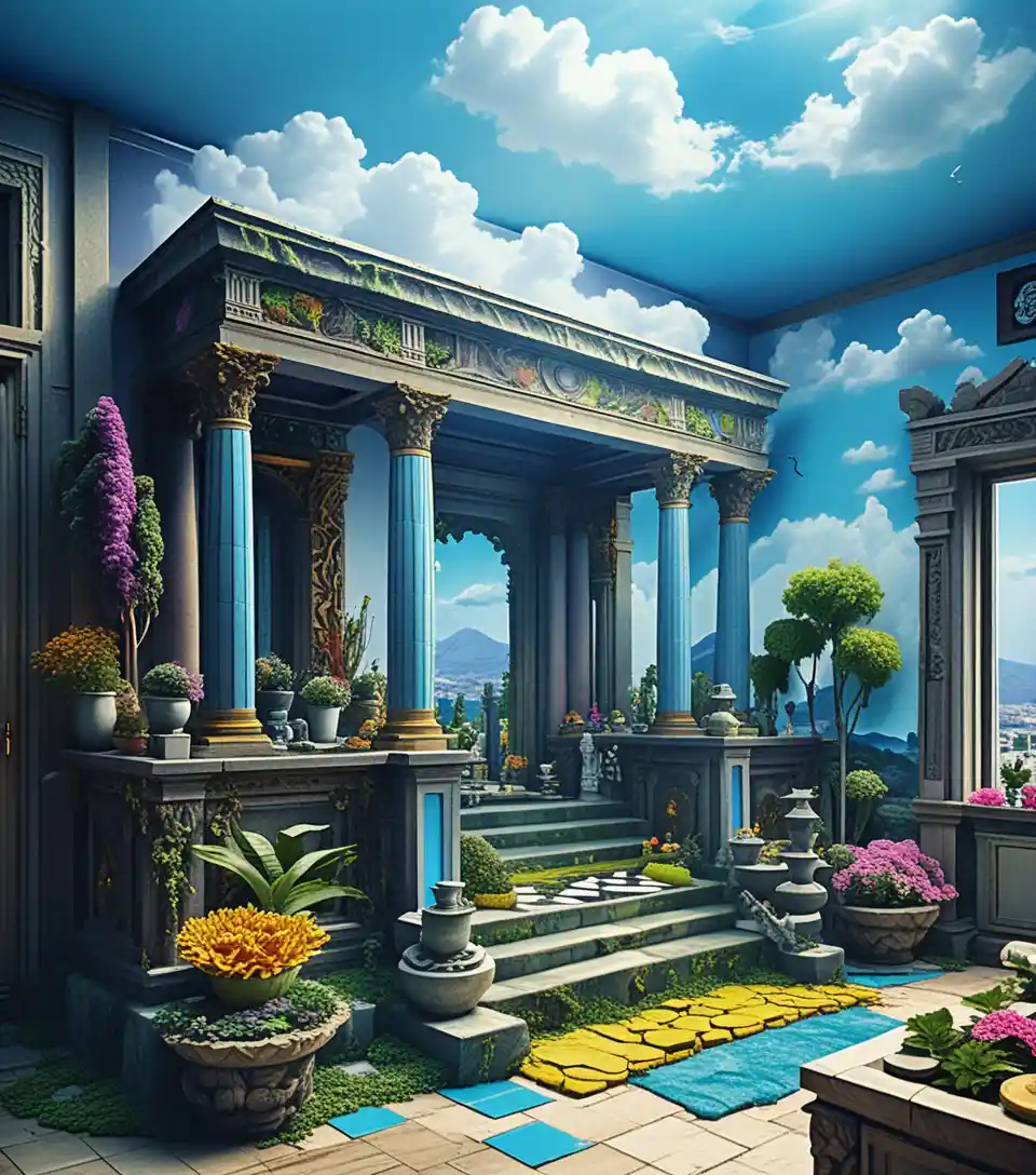 霓虹光暈的奇幻希臘神殿別墅立體場景
