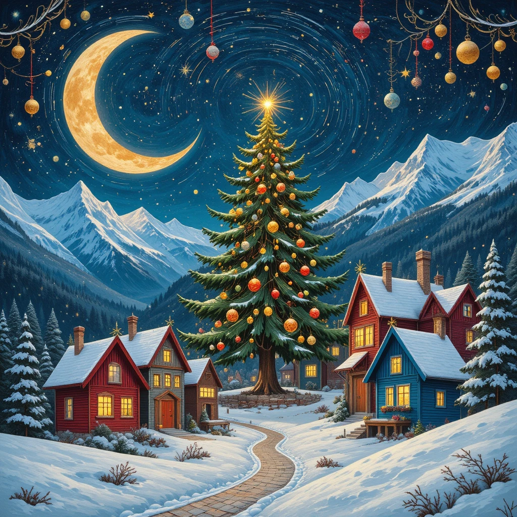Village d’Hiver Magique avec Sapin de Noël Central la Nuit