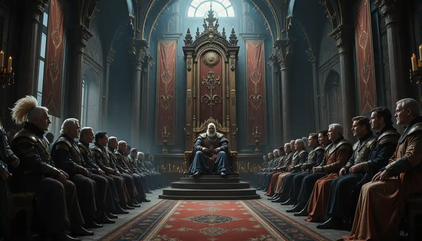 Medieval nobles in a grand throne room with court bards