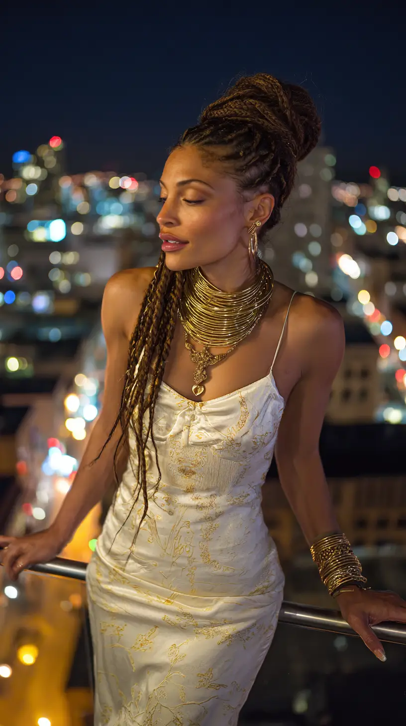 Elegant woman on a San Francisco rooftop bar at night