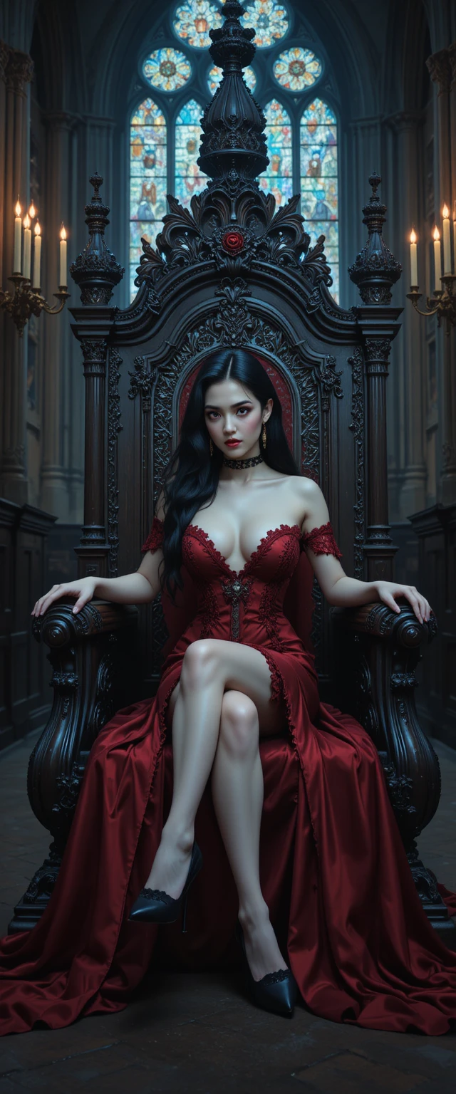 Dark haired woman on a throne in gothic cathedral