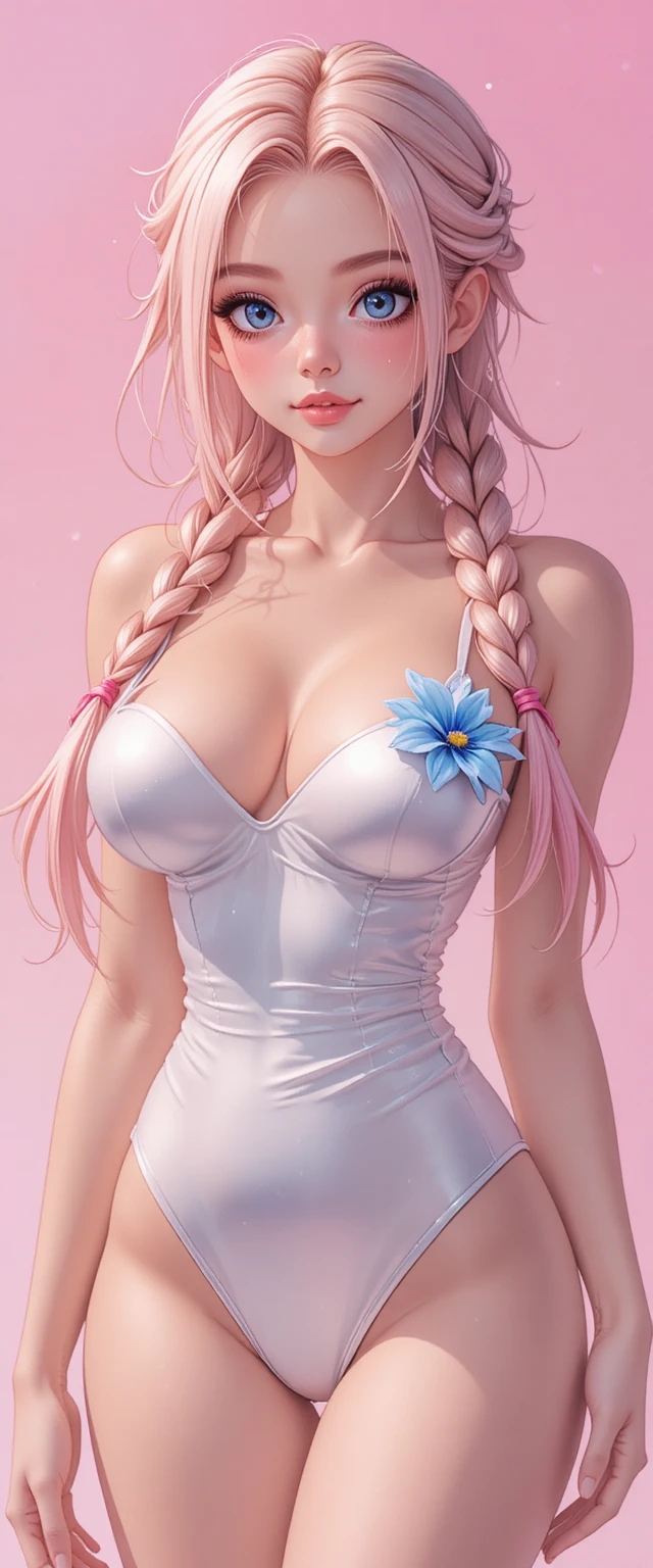 Anime girl in white swimsuit against soft pink background