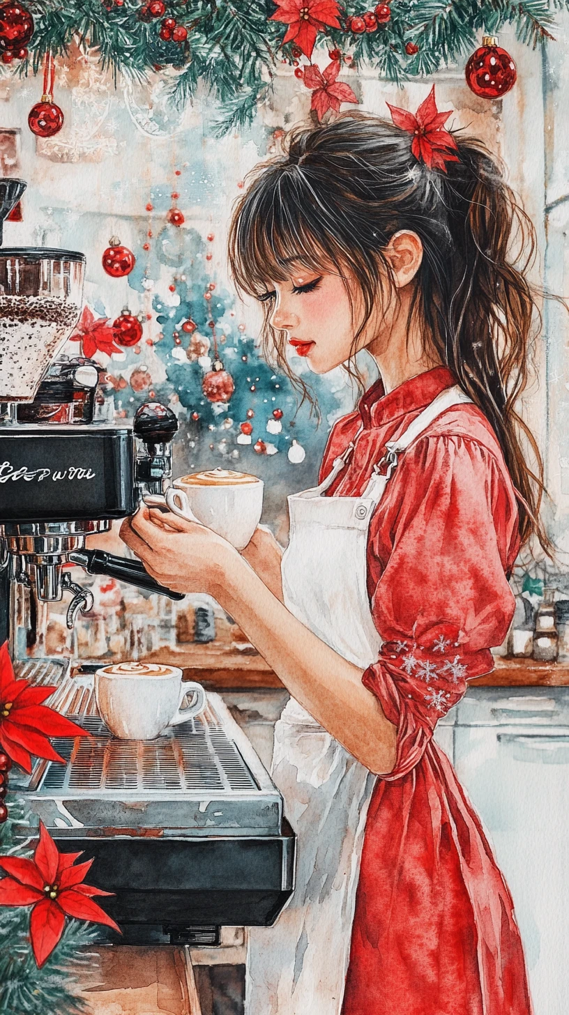 Garota barista em aquarela fazendo cappuccino em café festivo