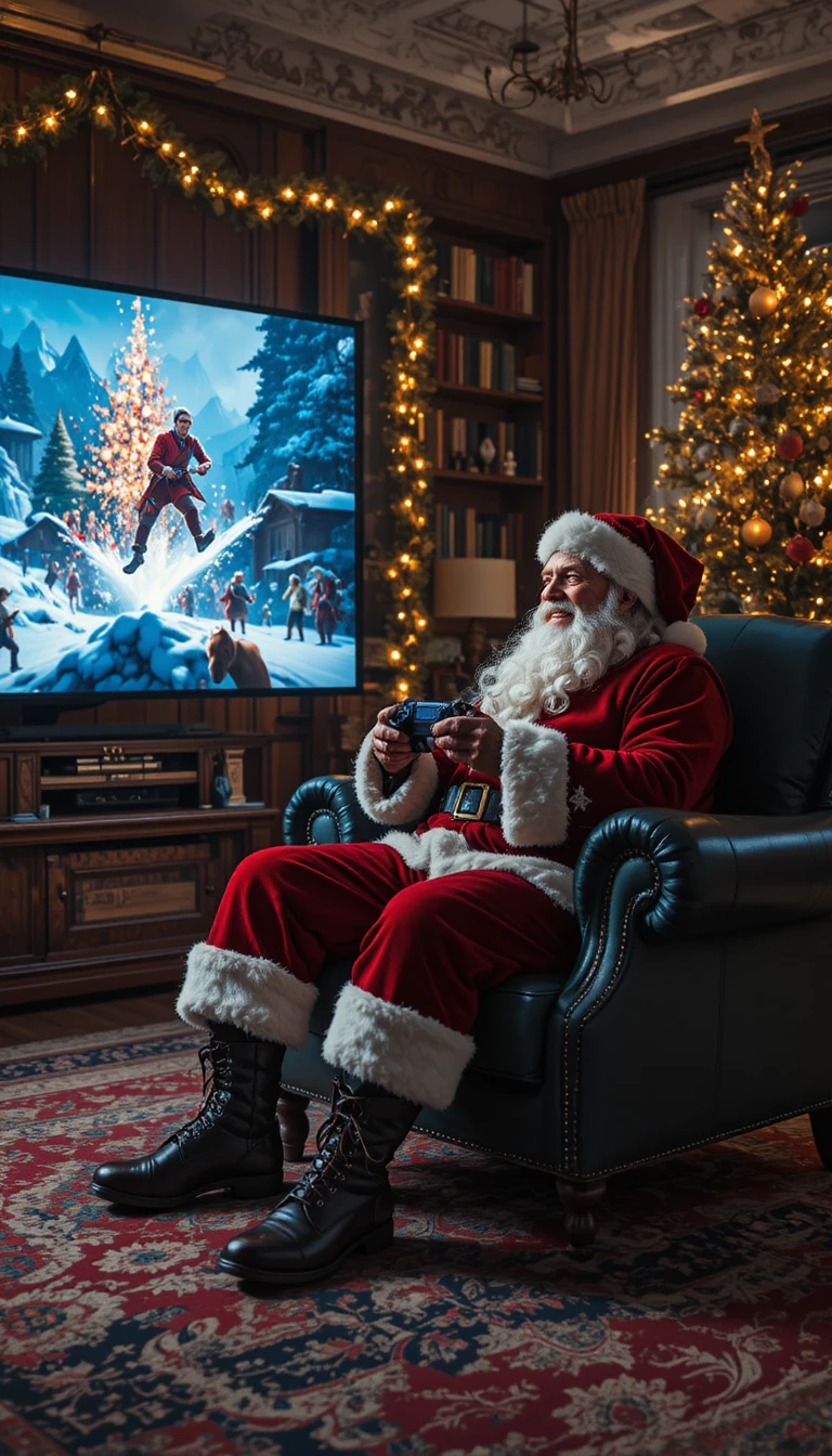 Santa Claus gaming on a console in a festive living room