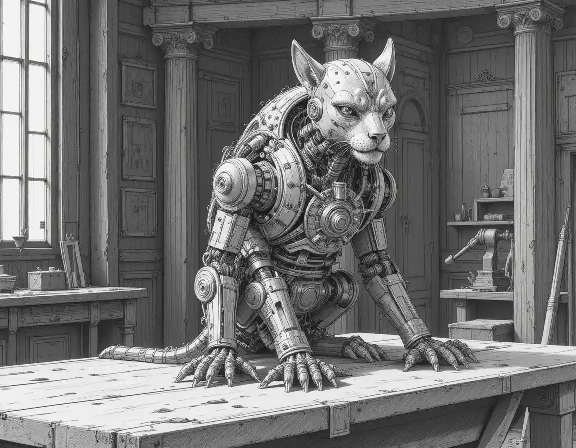 어두운 산업 공간에 서 있는 스팀펑크 기계 고양이