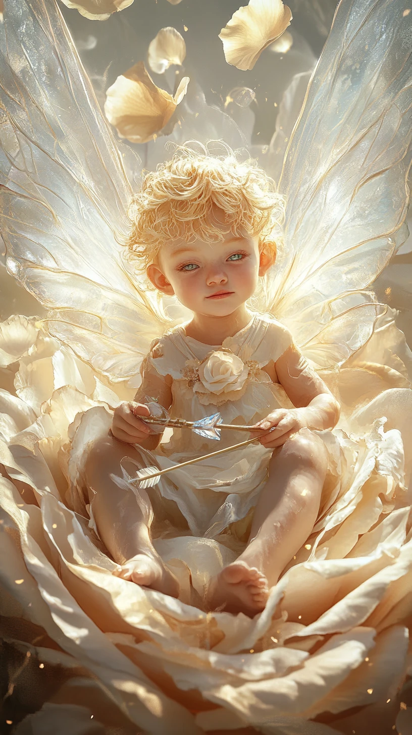 Tiny cherub boy aiming a crystal arrow from rose