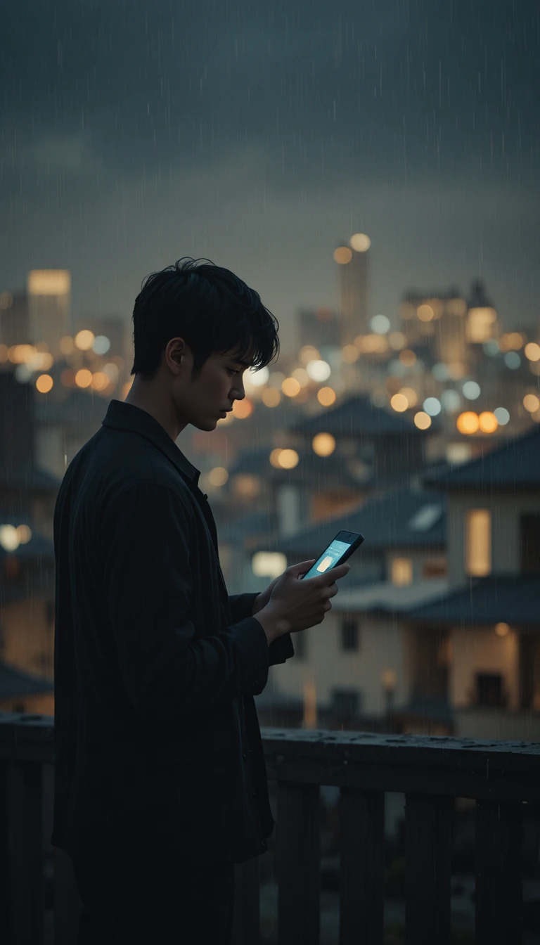 雨夜城市屋頂上拿著手機的孤獨男子