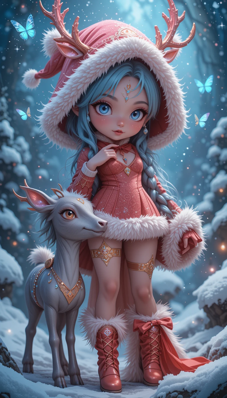 Anime-Rentier-Mädchen im verschneiten, magischen Weihnachtsoutfit