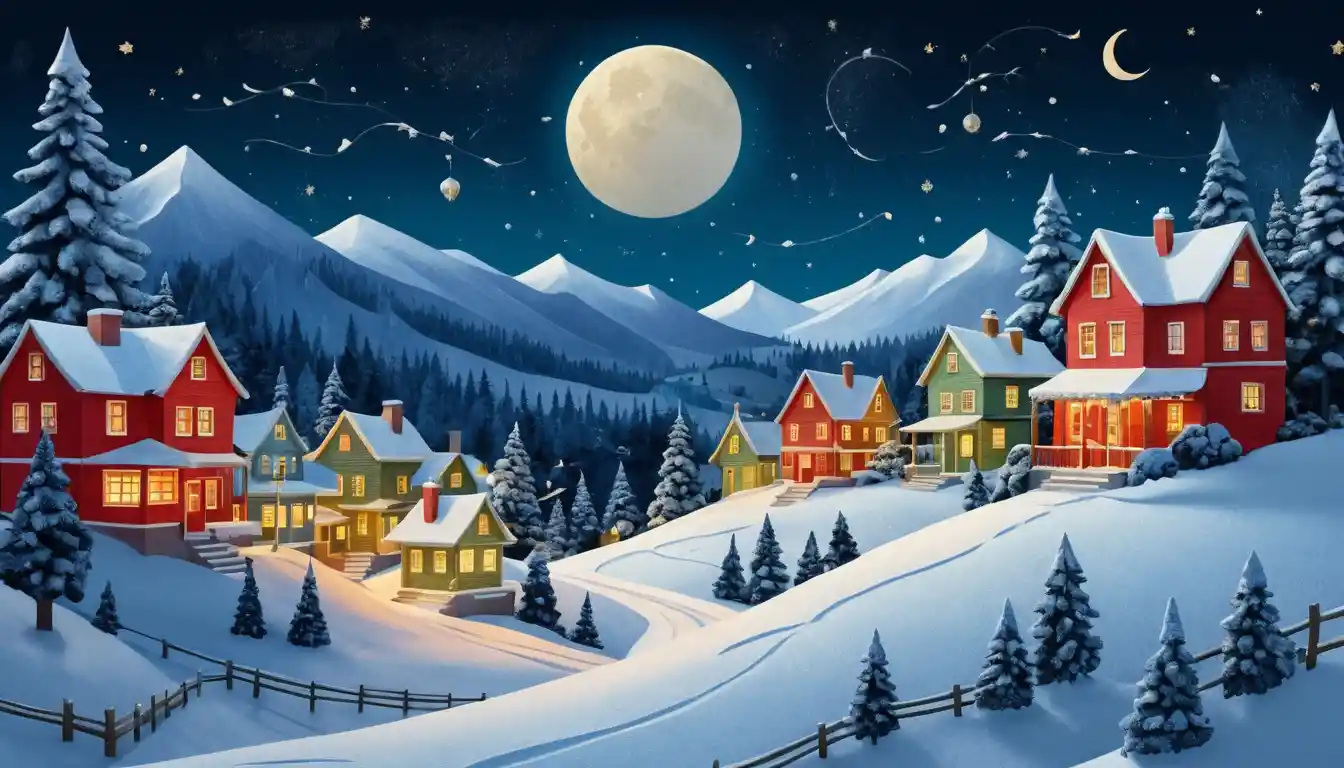 Magical winter village with central Christmas tree at night