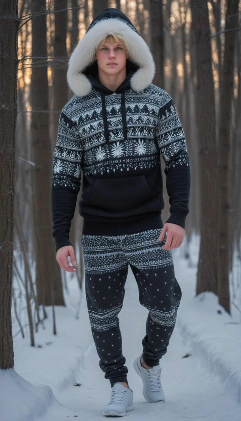 Teen boy in fleece leggings walking through winter forest