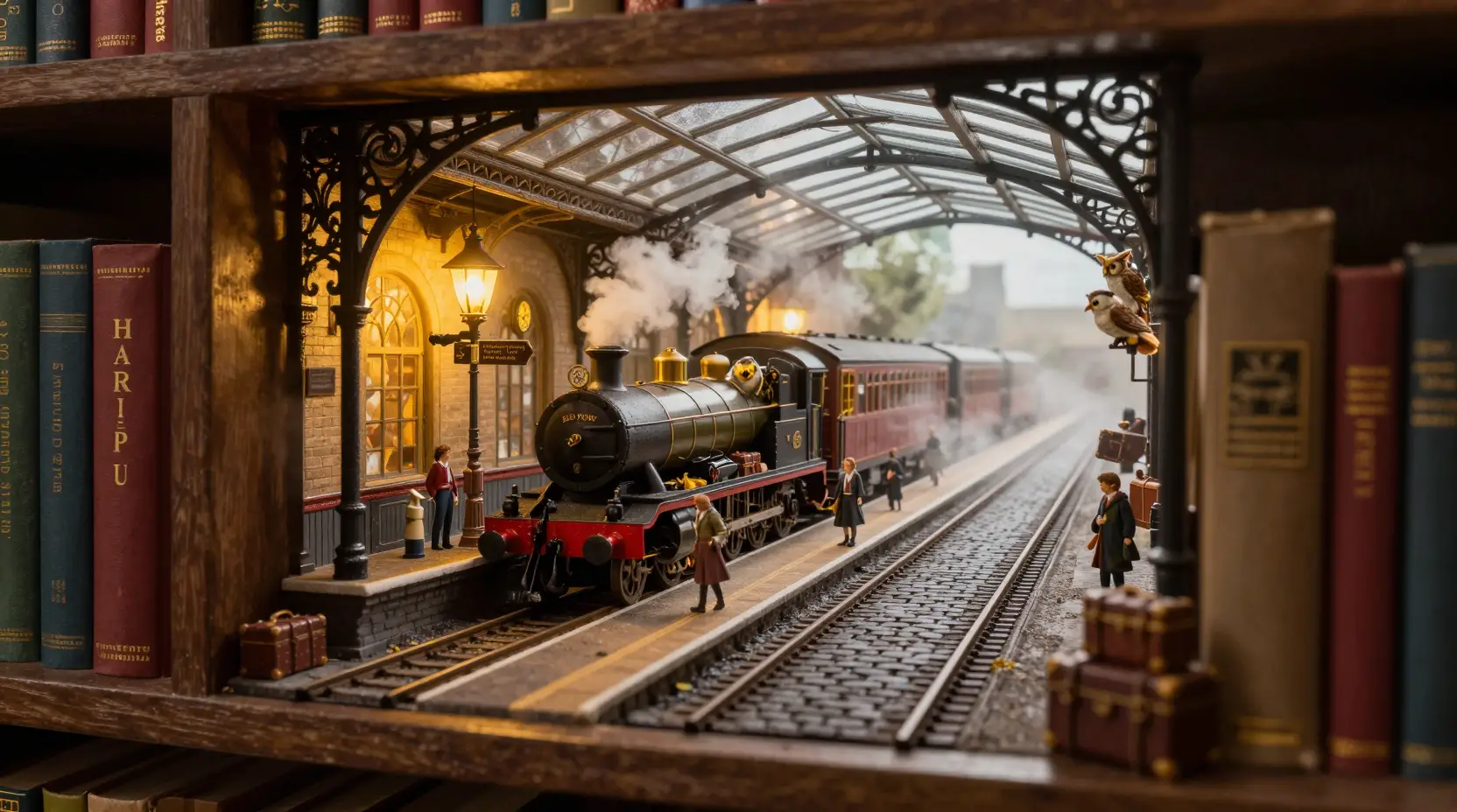Magical miniature train platform hidden between towering books