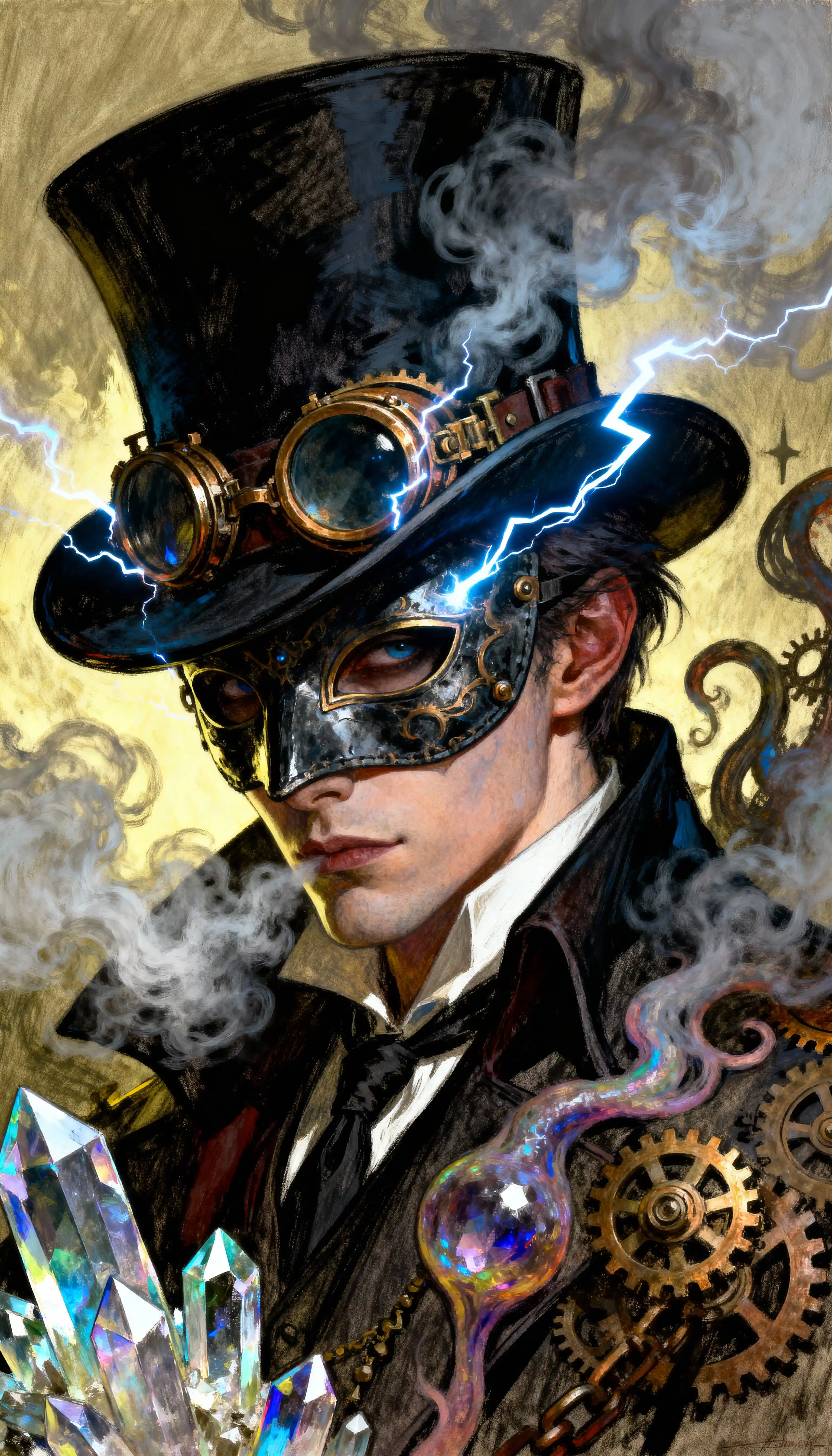 Close up intense woman in dark surreal steampunk style