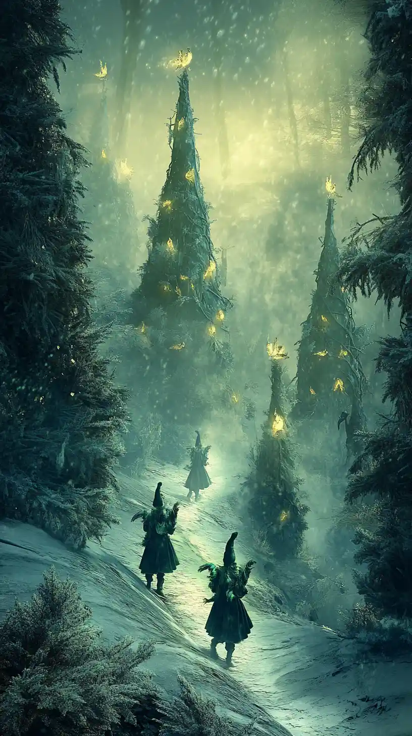 Festive carolers in a haunting winter fantasy forest