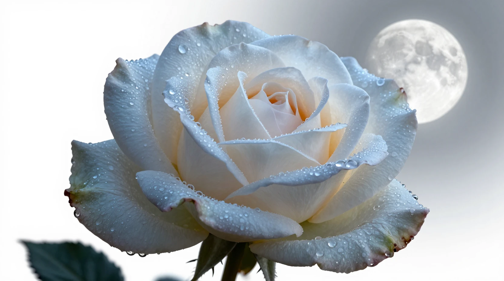 Rose au clair de lune avec rosée du matin dans un espace blanc éthéré