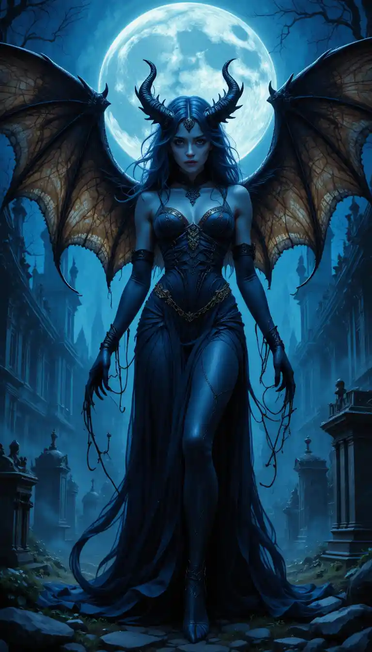 Mystical female guardian in a gothic cemetery under moonlight