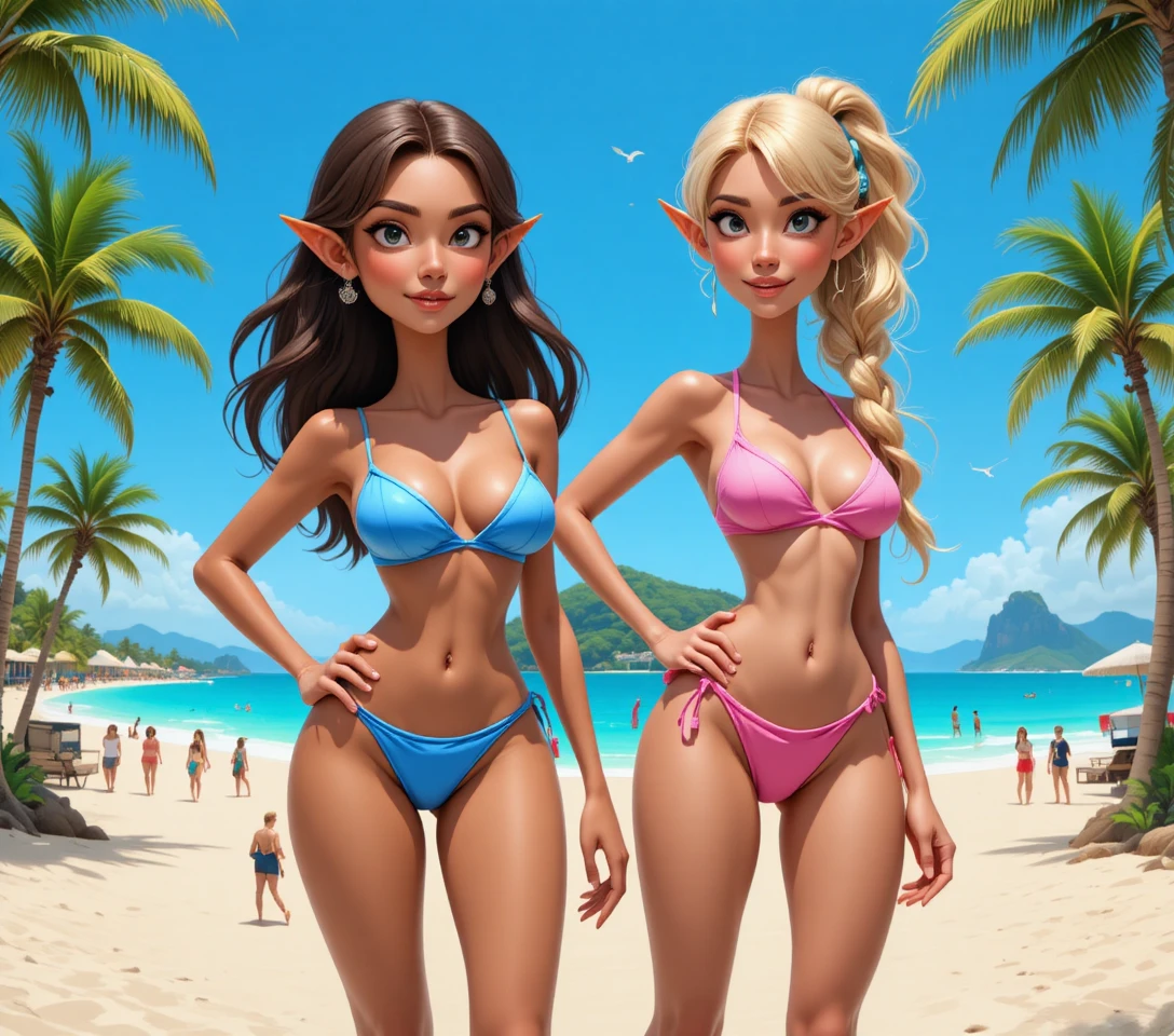 Two elf women posing confidently on a sunny beach