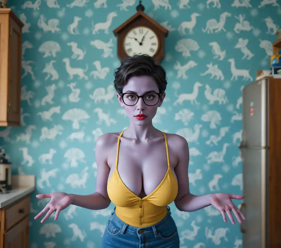Femme alien violette en combinaison jaune dans une chambre vintage