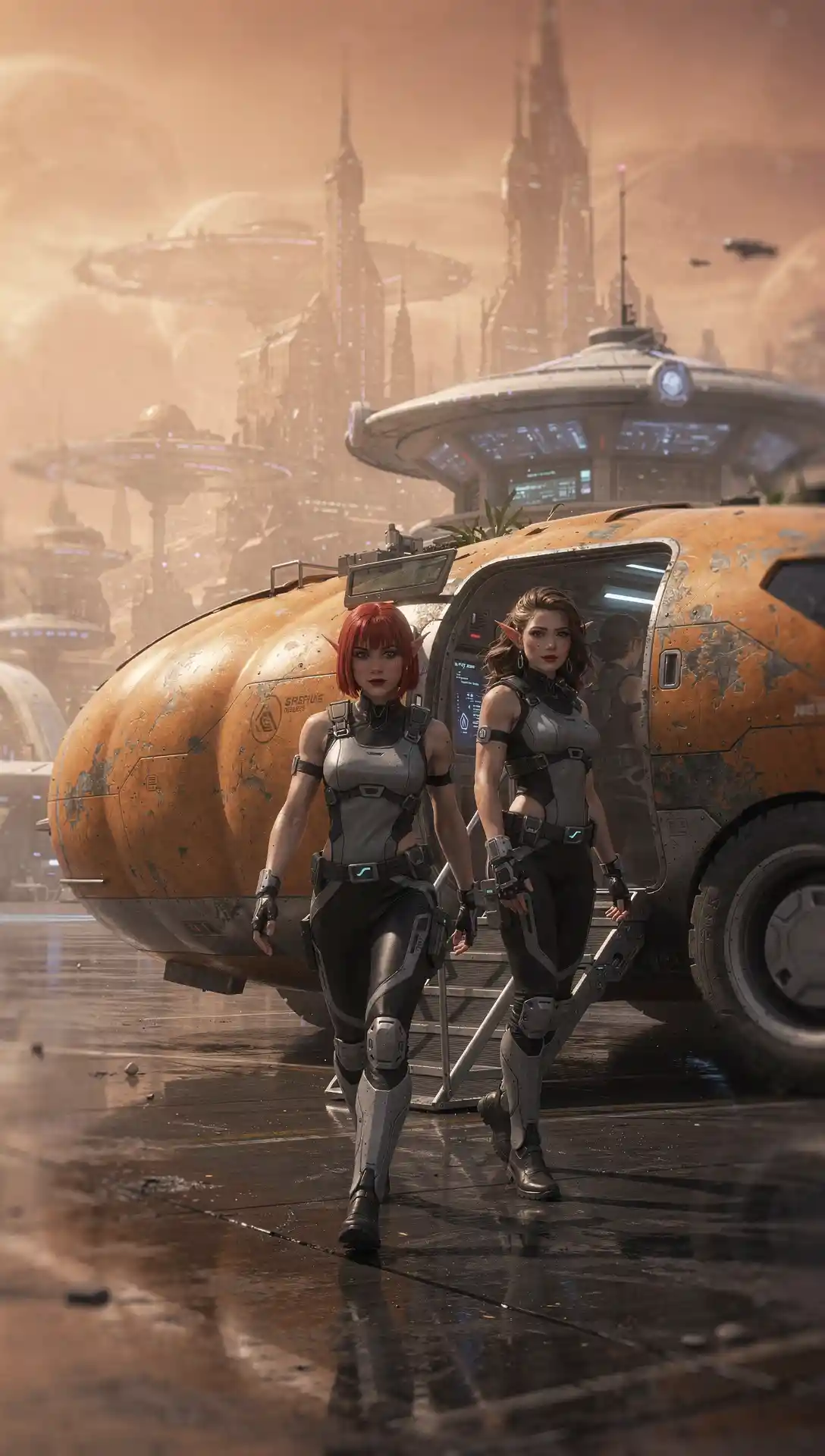 Elf space explorers exit a massive sci fi hover carrier