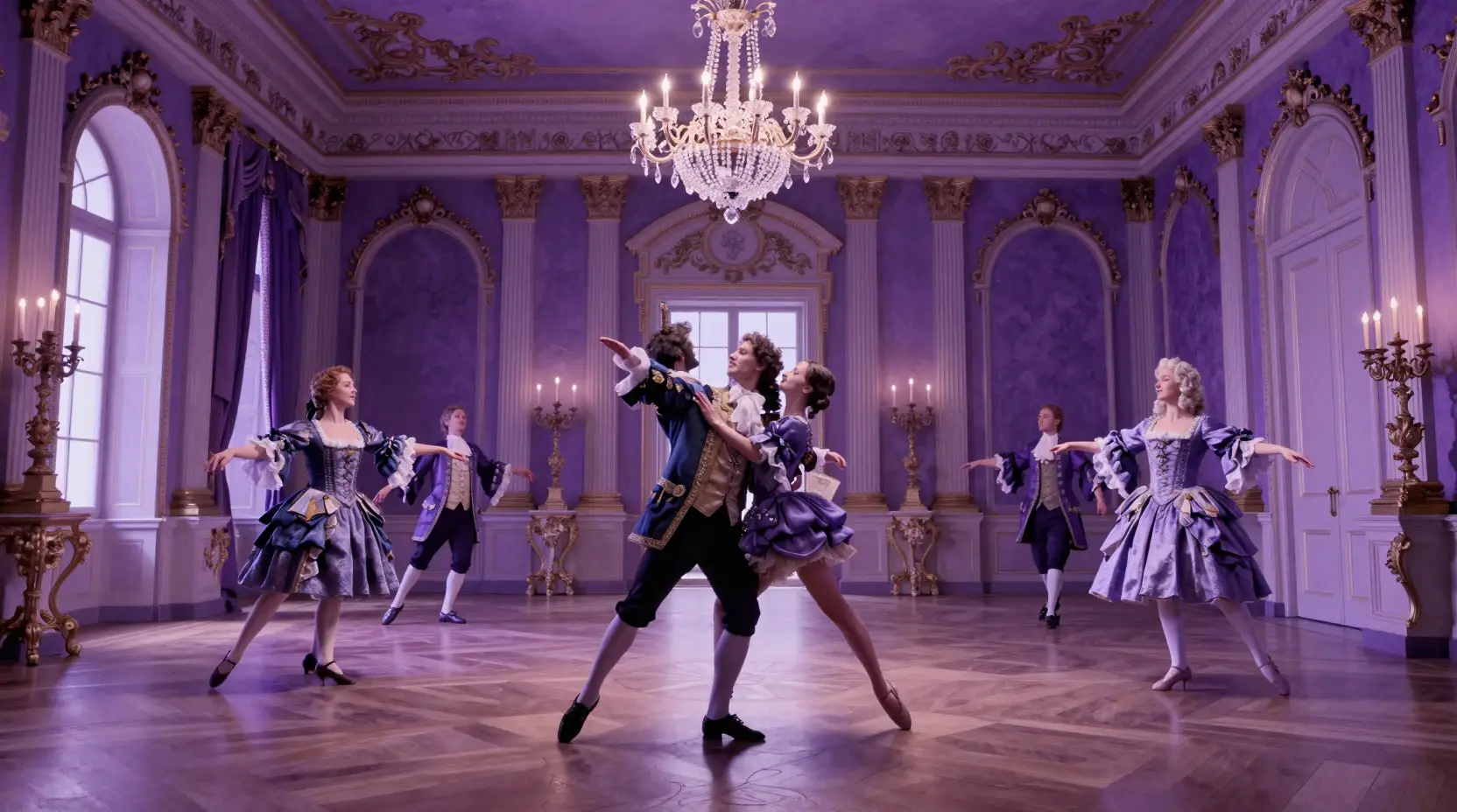 Baroque dance gathering in a grand purple palace hall