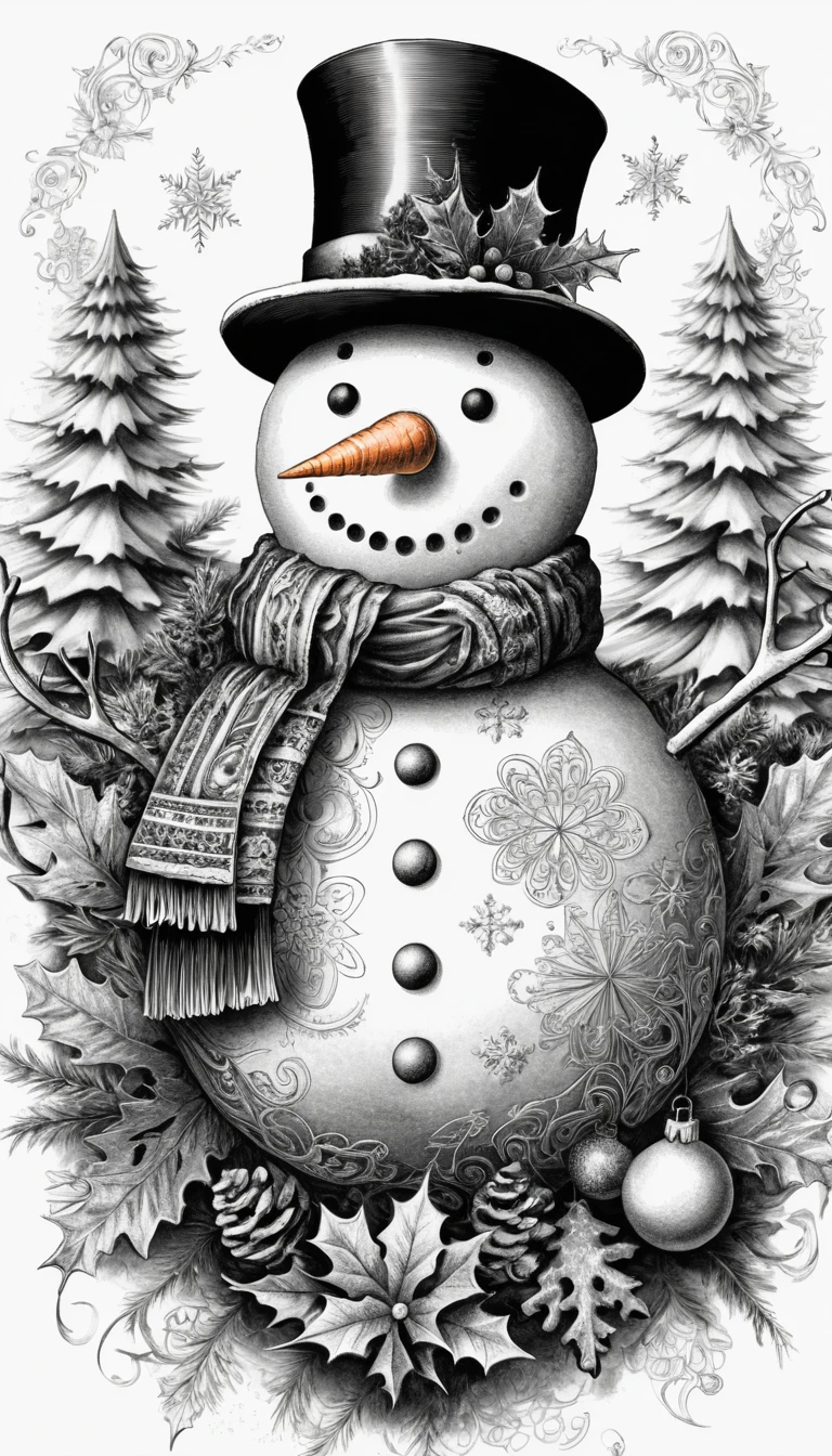 Intricate Ink Snowman Illustration In Black And White Linework