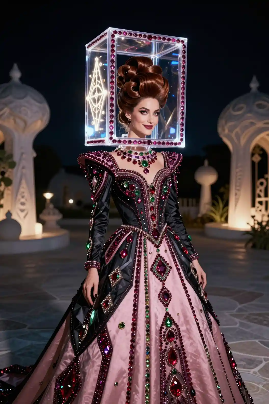 Femme persane en portrait couture dans une cour surréaliste au clair de lune