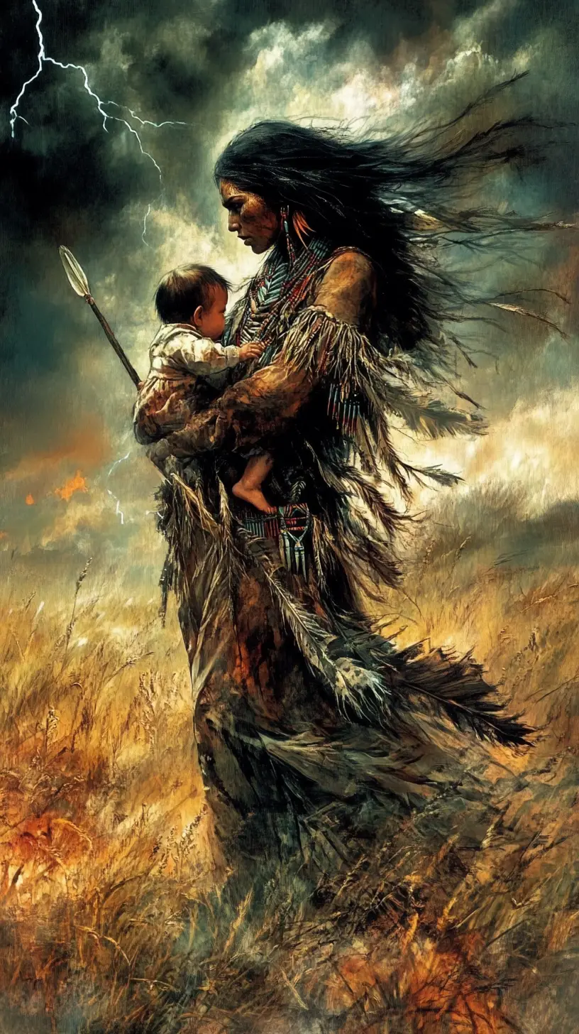 Fierce native warrior mother striding through stormy prairie