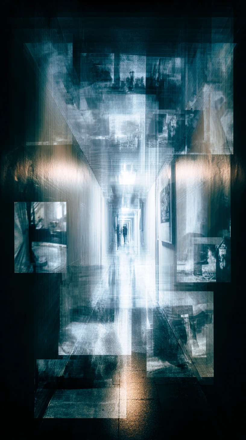 Shadowy silhouette emerging within layered corridor memories