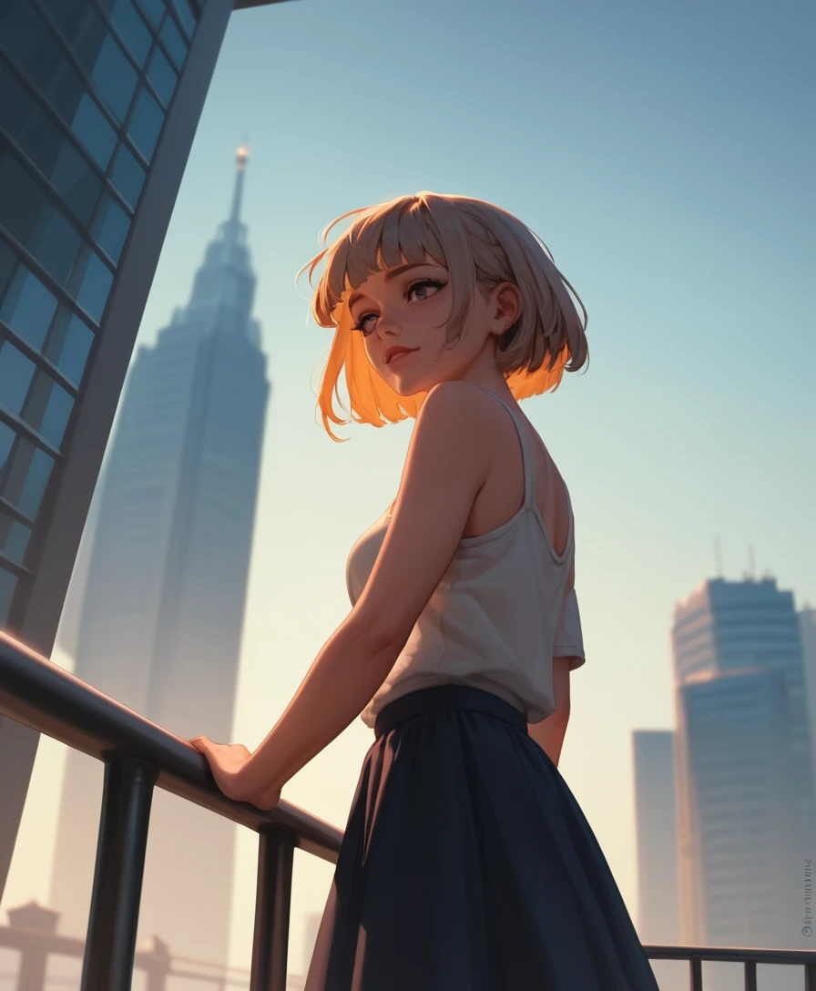Stylish woman on rooftop at golden hour above city
