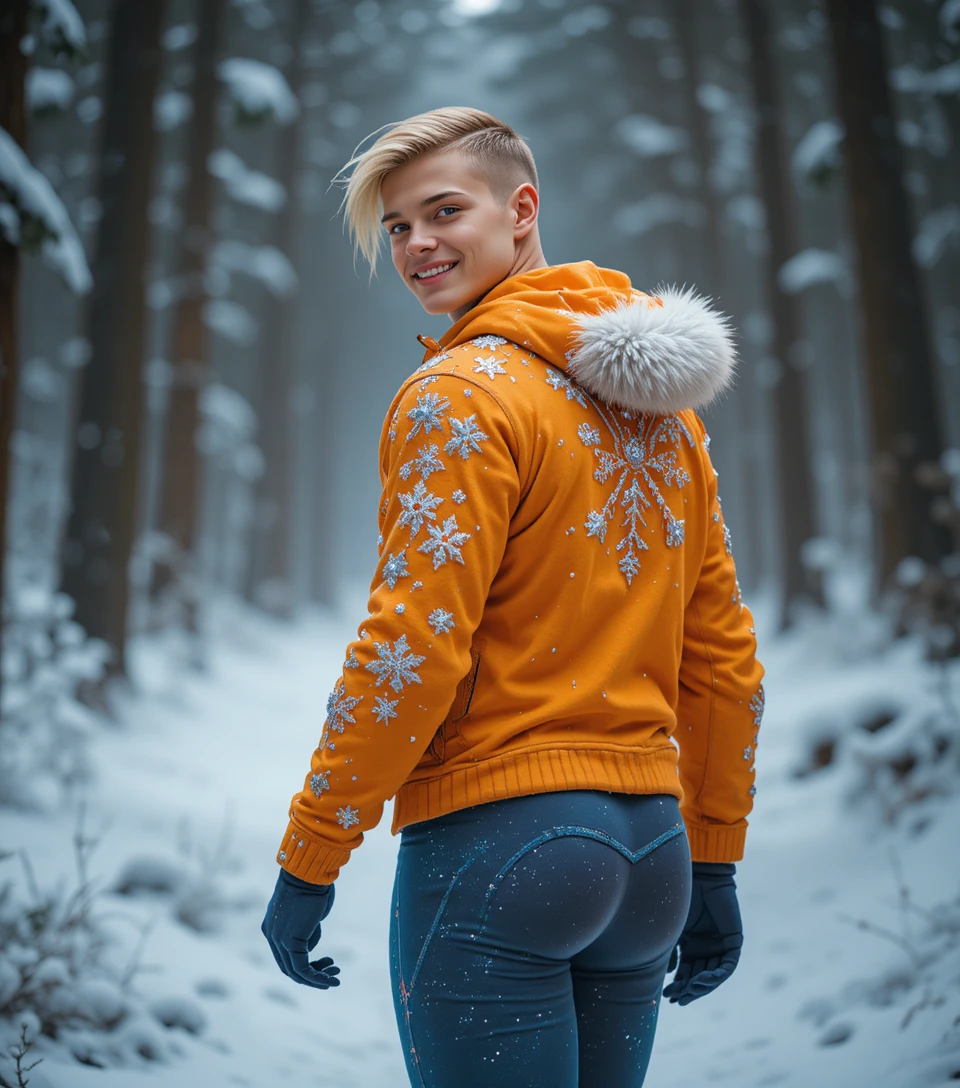 Junger Mann in Winterleggings, der durch einen verschneiten Wald geht