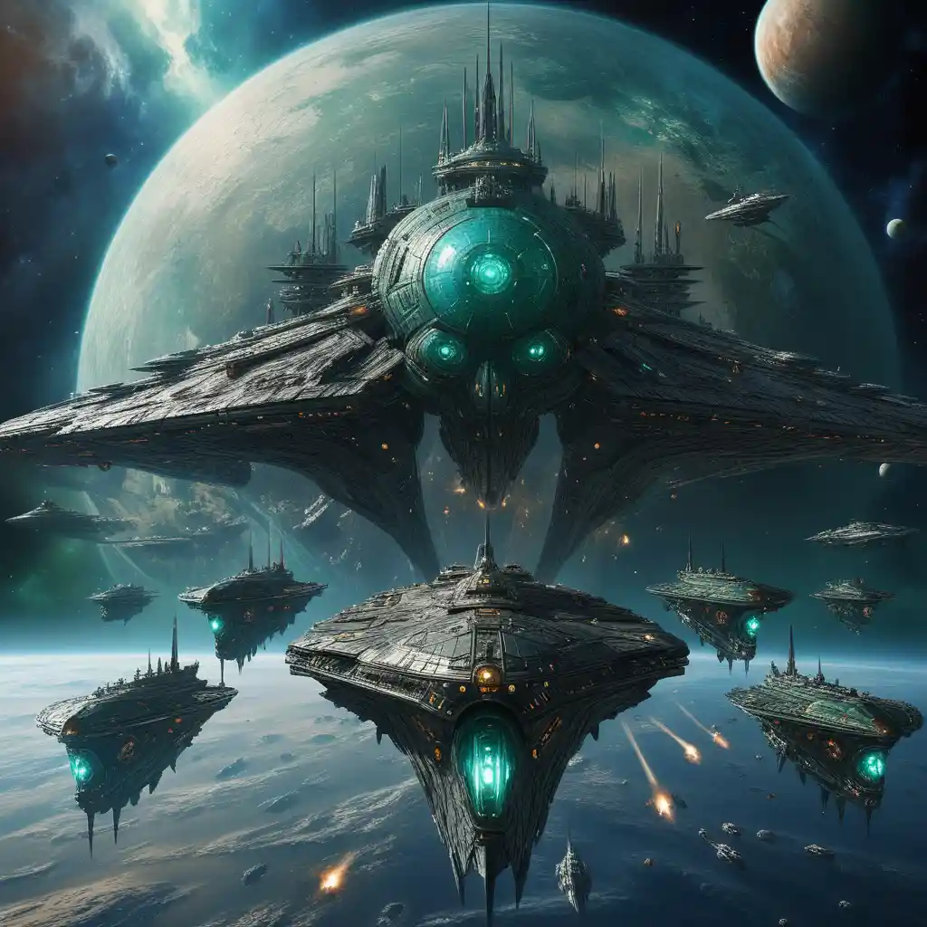 Alien battle cruiser leading a fleet through deep space
