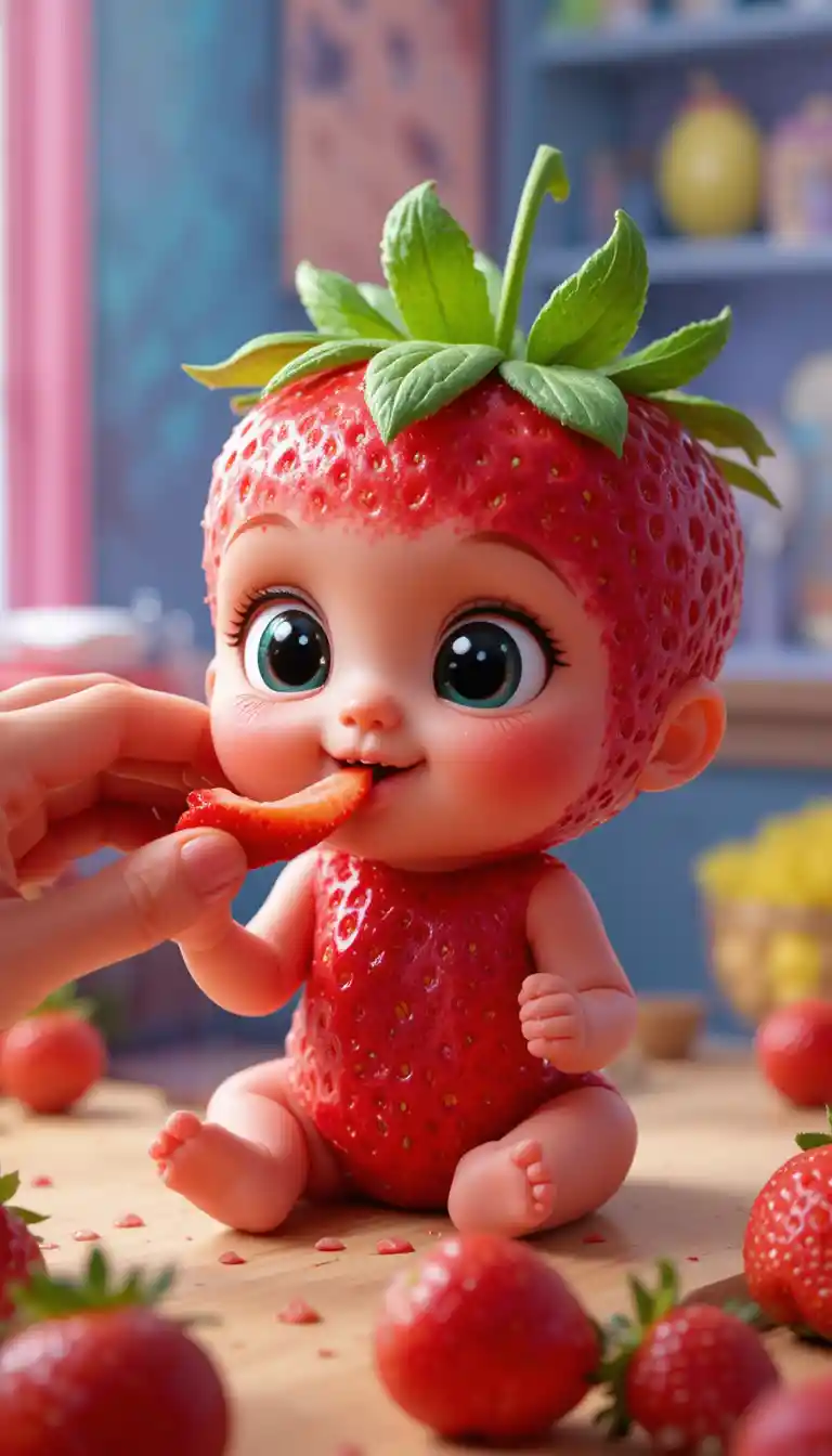 Adorabile bebè con testa di fragola nutrito con frutta al tavolo