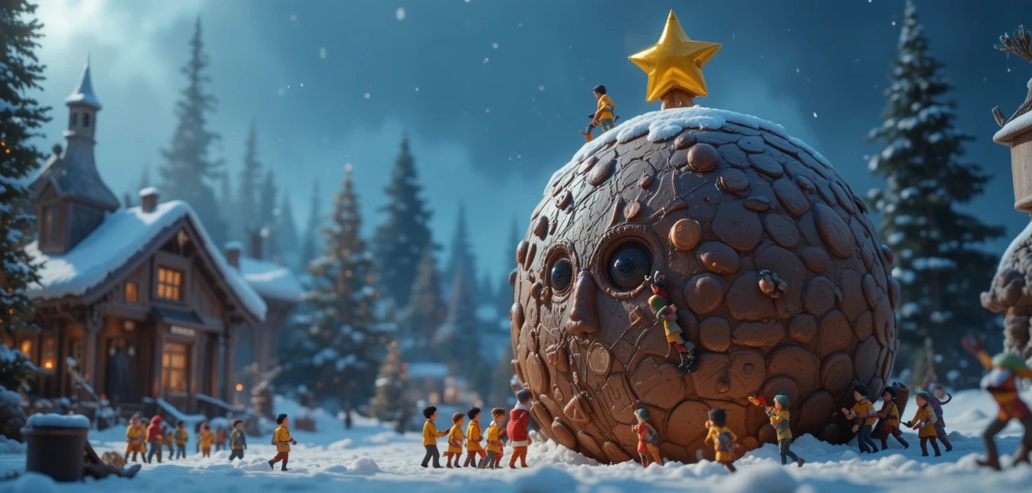 Minuscules personnages escaladant une bûche de Noël géante façon Pixar