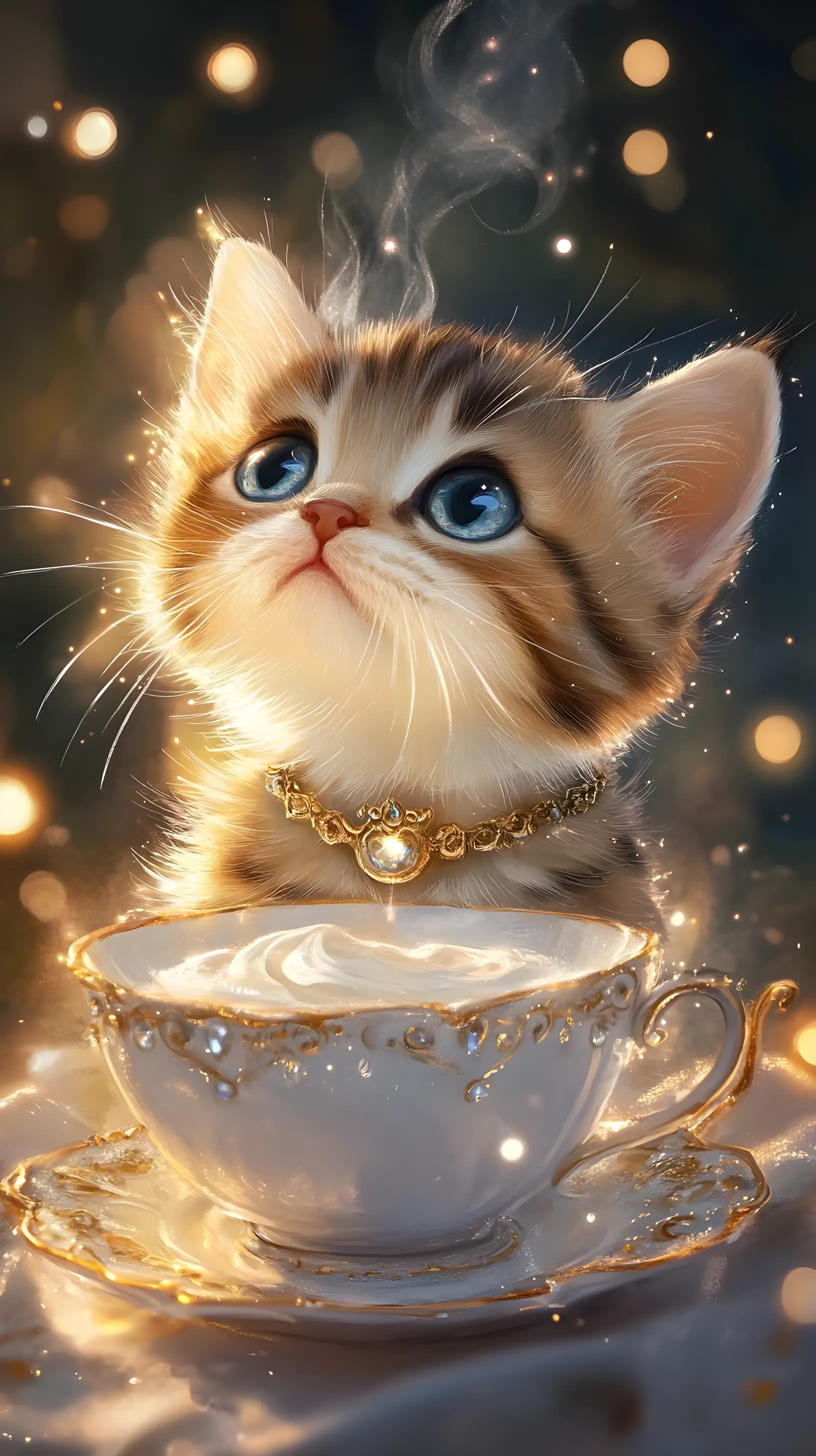 Cute tabby kitten with golden sparkles and teacup