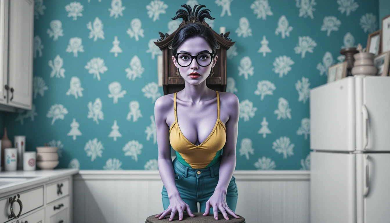 Purple alien in yellow jumpsuit before vintage cuckoo clock
