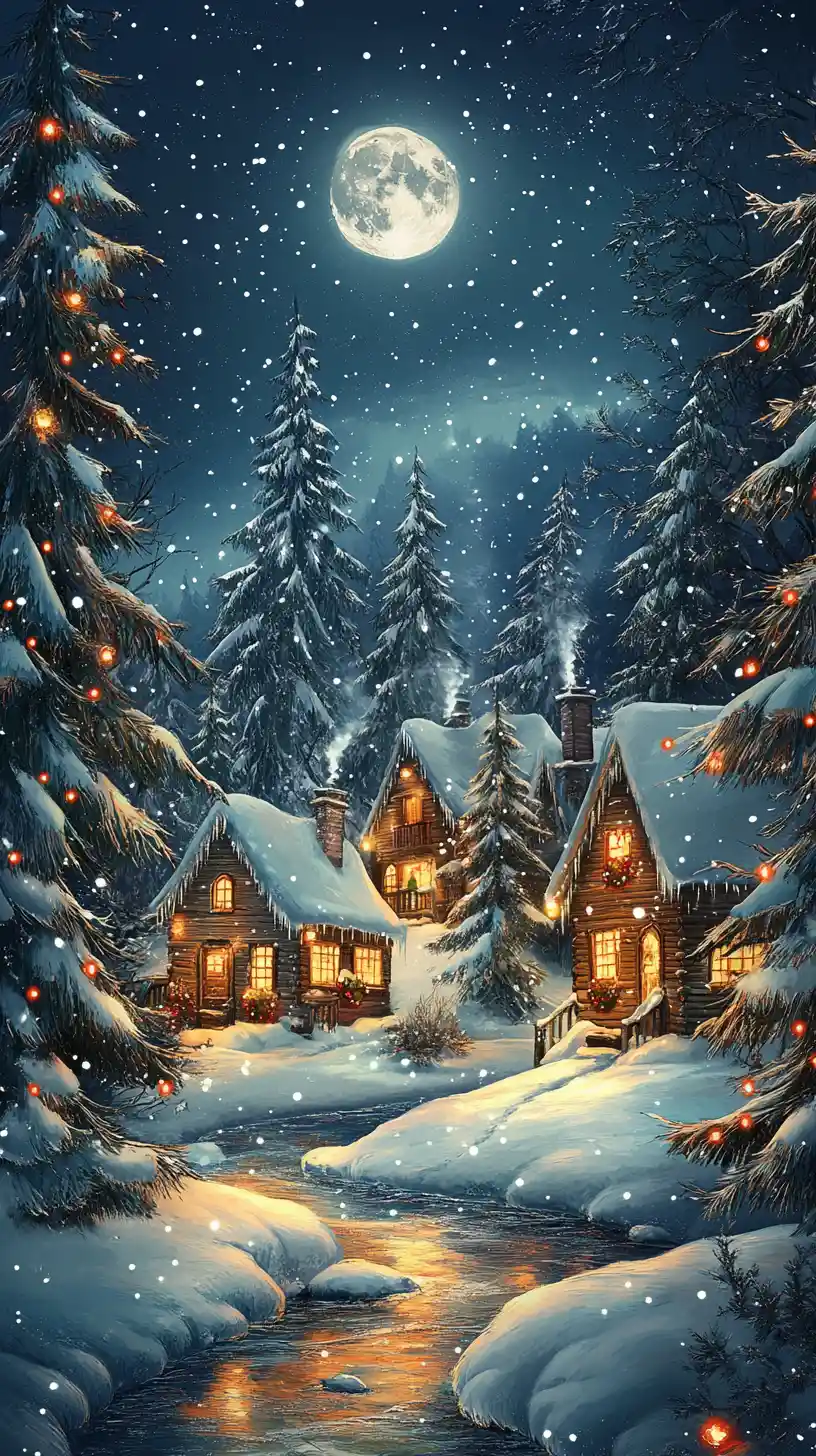 Cottages de village enneigés illuminés par une lune d’hiver magique
