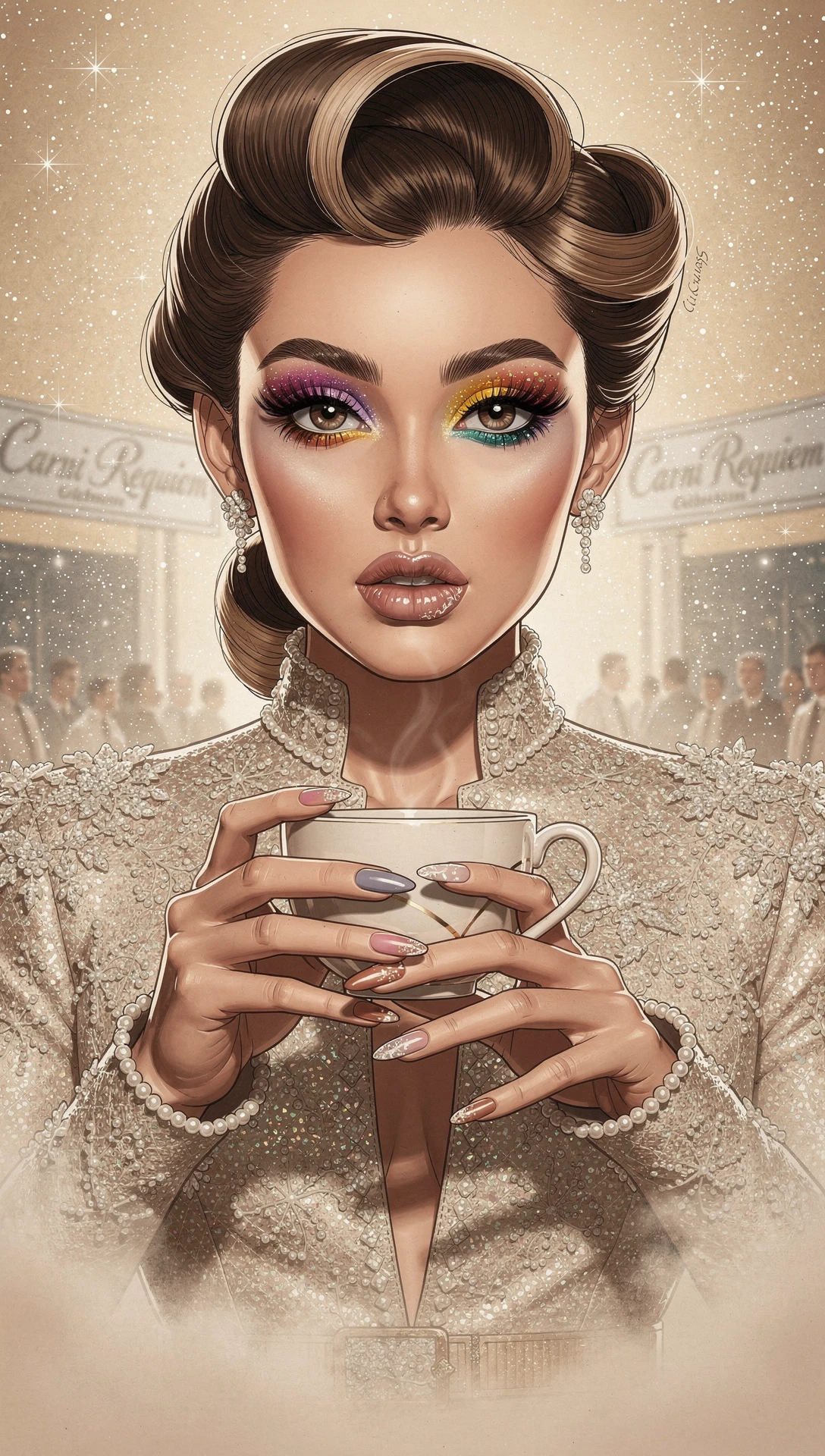 Glamorous fashion portrait of Gigi Hadid holding a cup