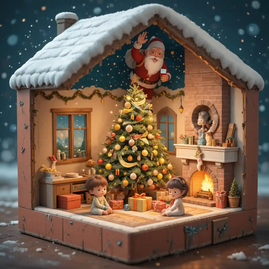 Cozy children opening gifts by a glowing Christmas tree
