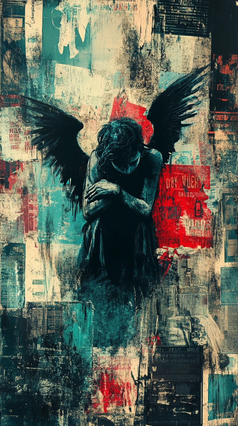 Ángel melancólico en caótica collage de grafiti urbano