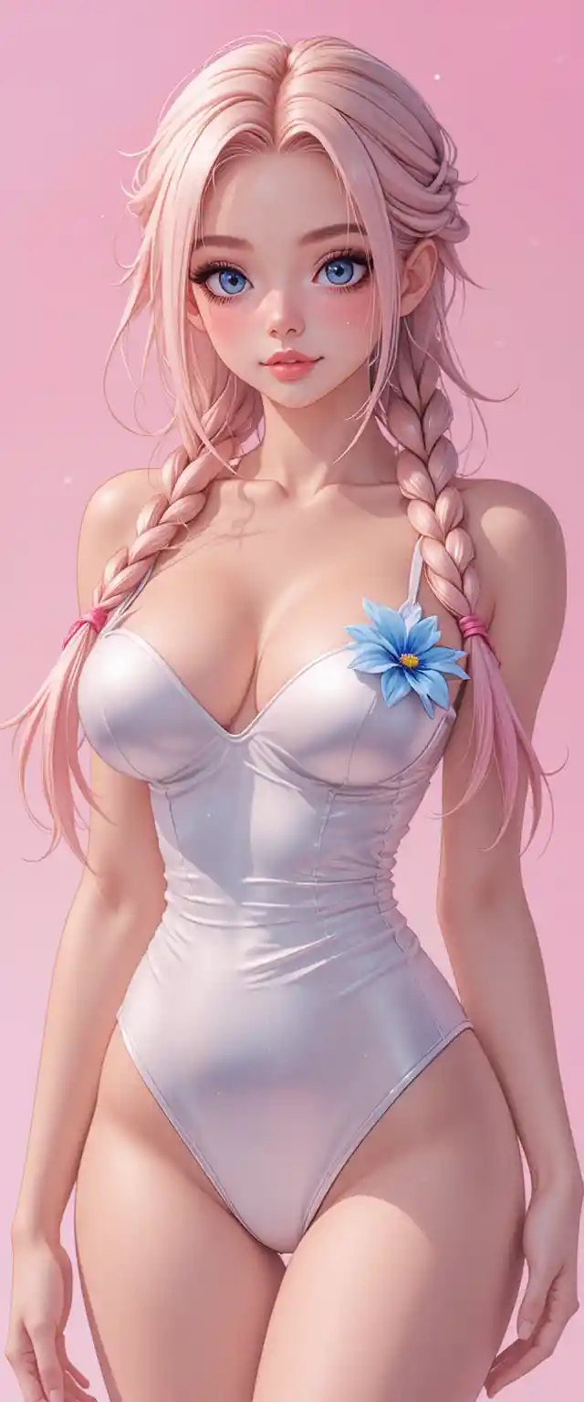 Anime girl in white swimsuit against soft pink background