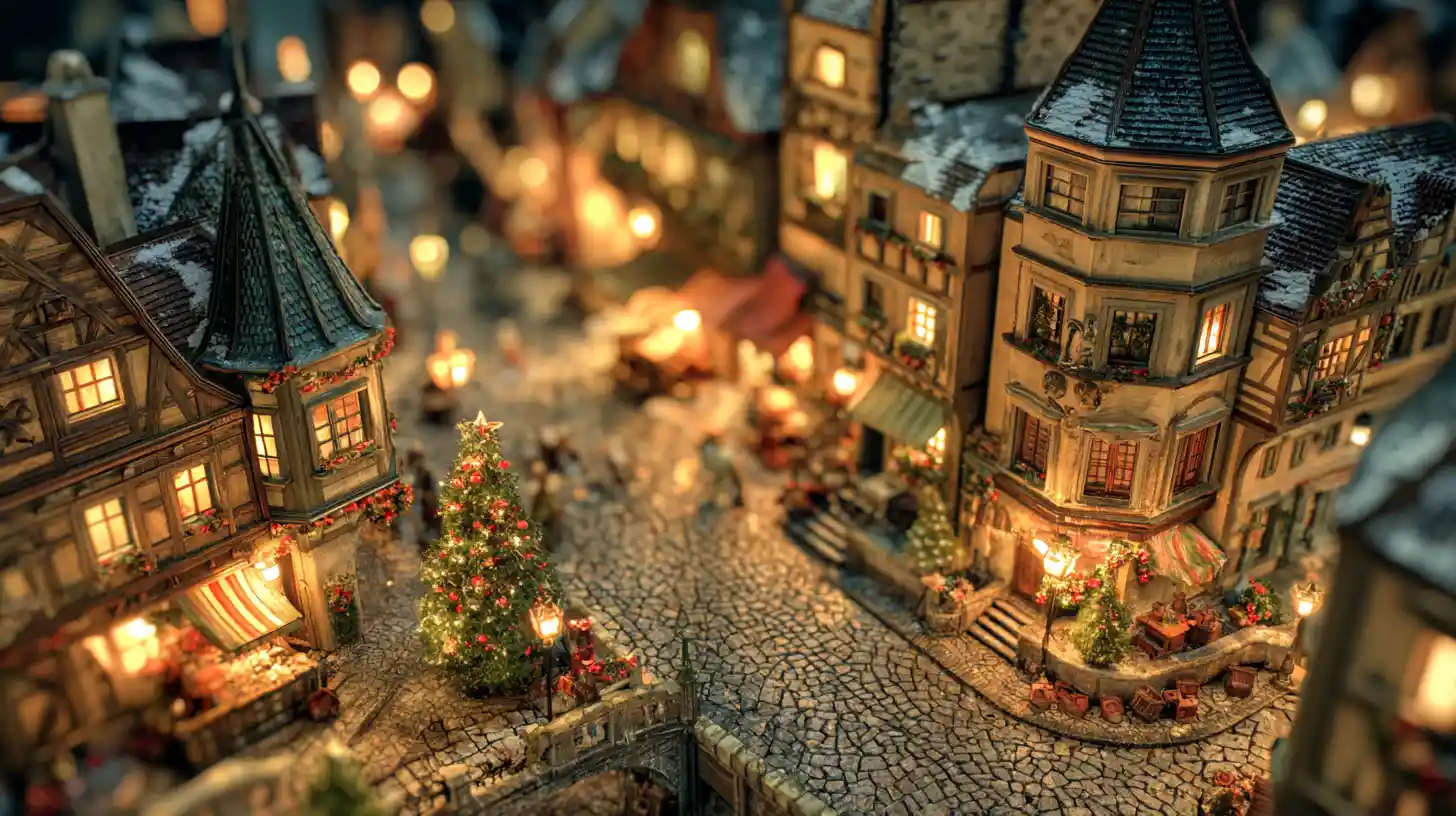Vista tilt-shift di una città medievale innevata a Natale