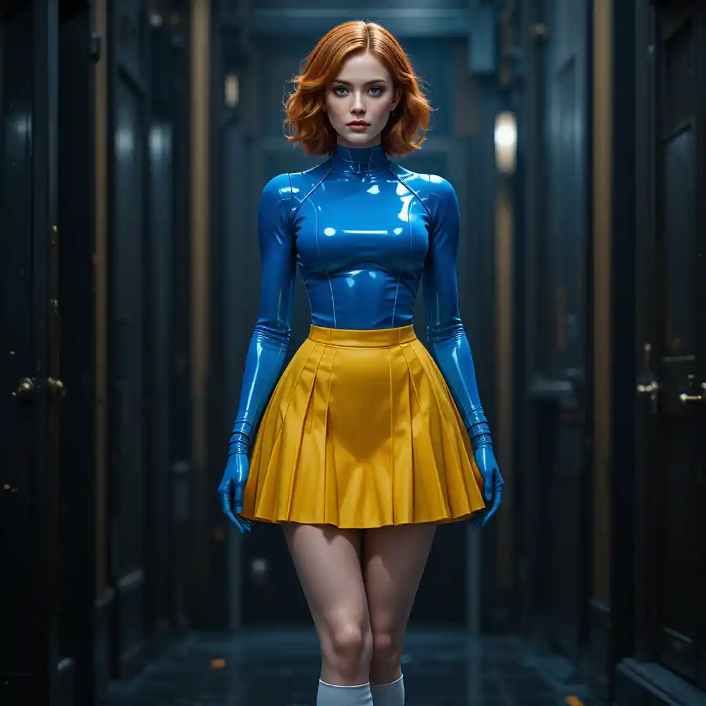 Mujer androide de pie bajo iluminación de estudio cinematográfica y dramática