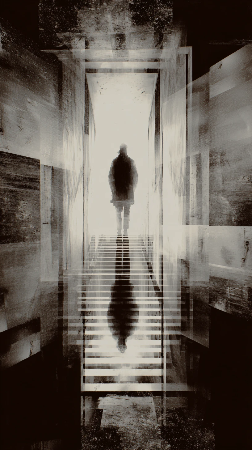 Shadowy silhouette in layered corridors and staircases