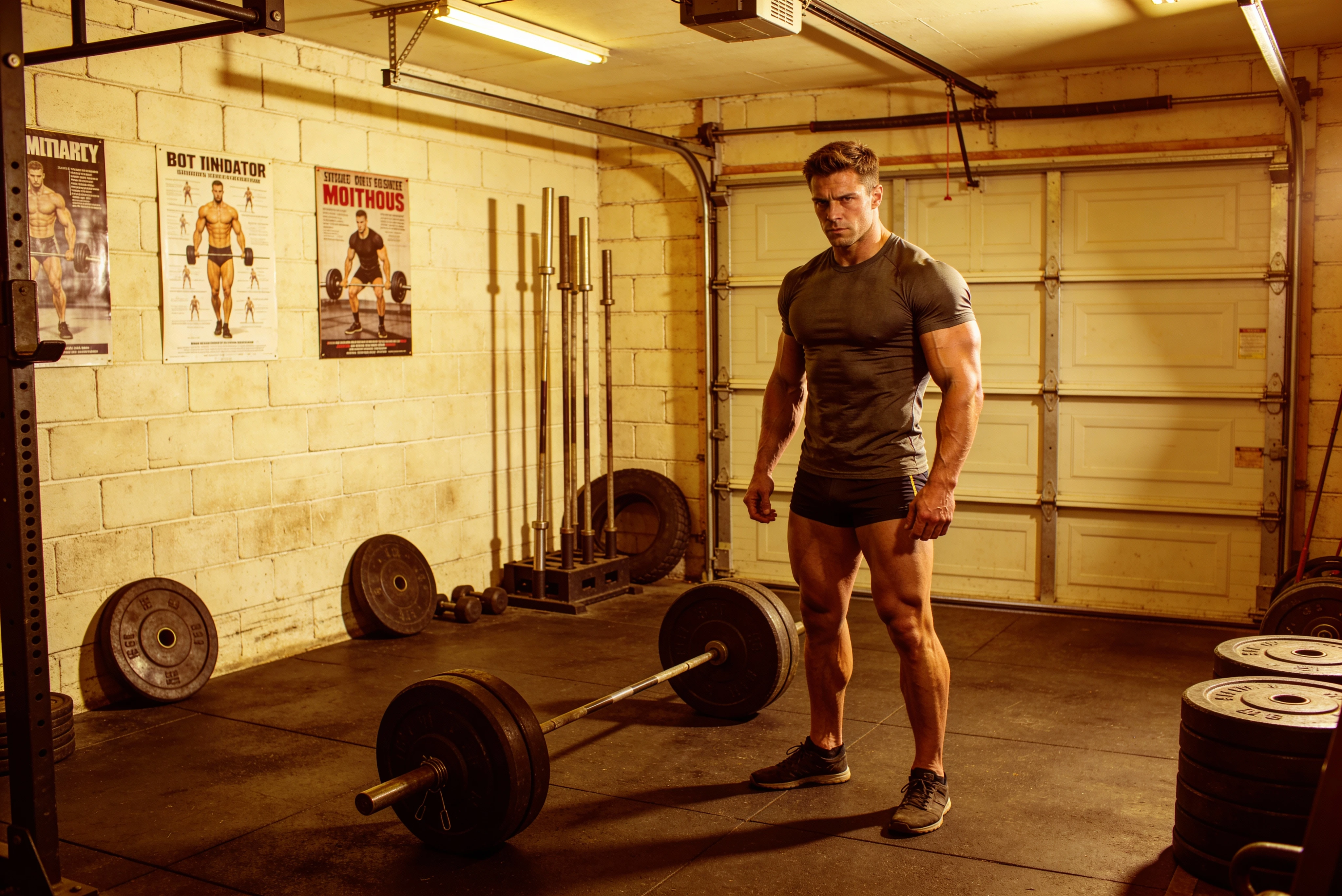 Uomo muscoloso in outfit da palestra in una vecchia palestra in garage