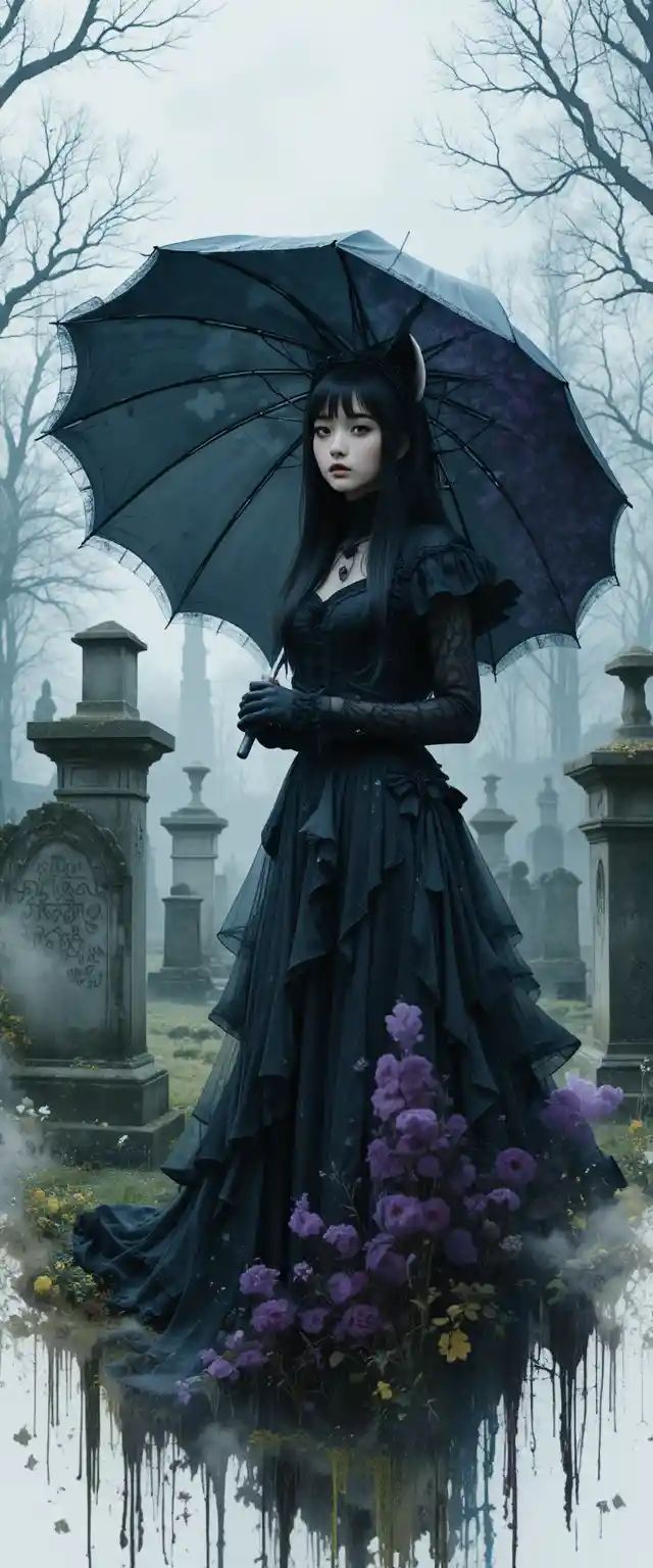 Gotisches Mädchen, das mit Grabsteinen auf einem Friedhof verschmilzt