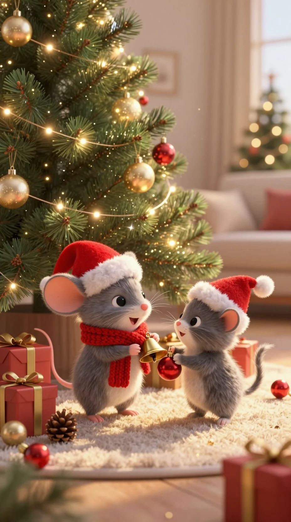 Cute kitten and tiny mouse under a glowing Christmas tree