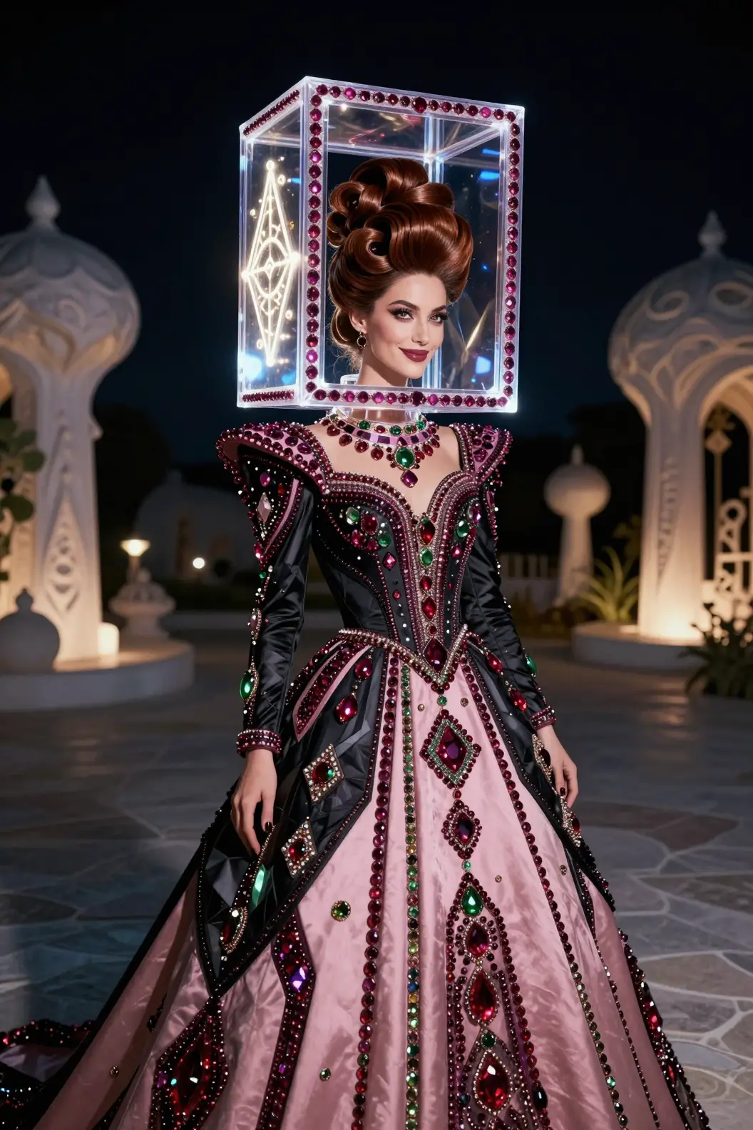 Femme persane en portrait couture dans une cour surréaliste au clair de lune
