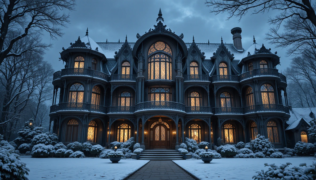 Mansión Art Nouveau bajo una serena noche de invierno nevada