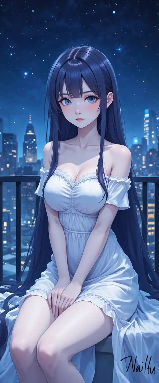 Anime girl on a balcony in a glowing night cityscape